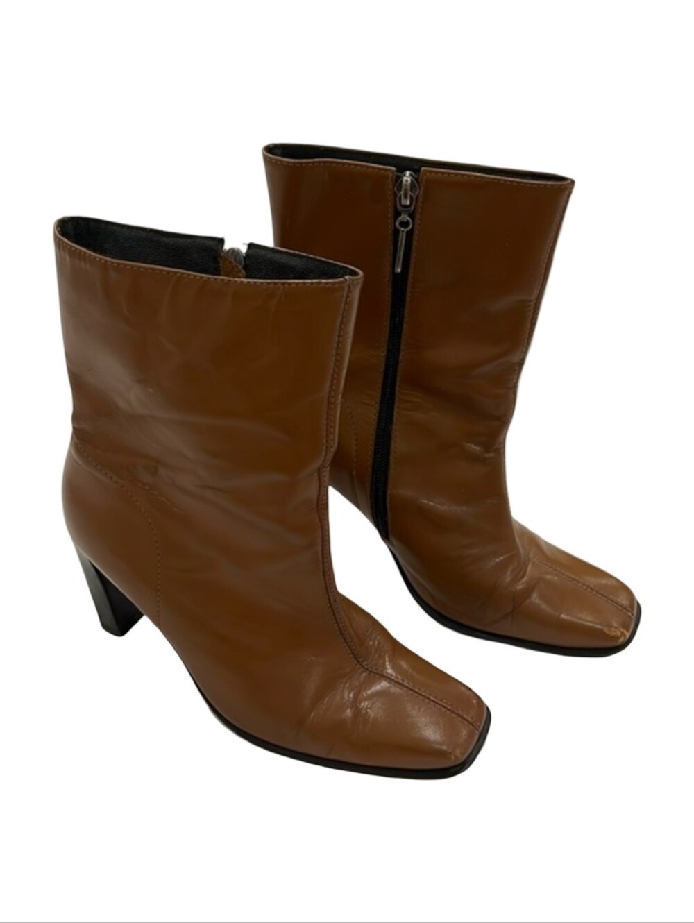 Brown Leather Mid-Calf Block Heel Boots